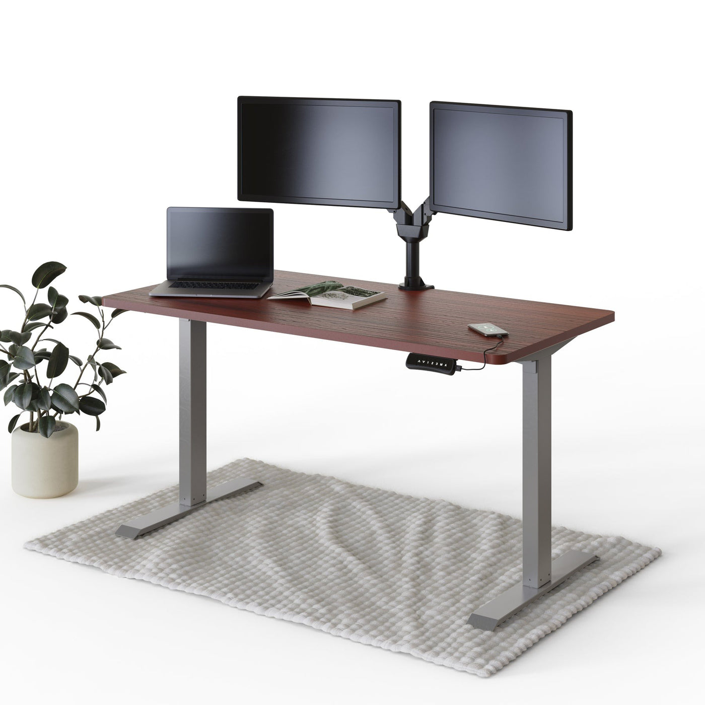 deskspace-pro-hohenverstellbarer-schreibtisch-mahagoni-tischplatte-grau-gestell-140x70