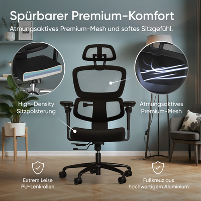 DESKSPACE Move Pro ergonomischer Bürostuhl mit intelligenter Lordosenstütze und atmungsaktivem Netzgewebe