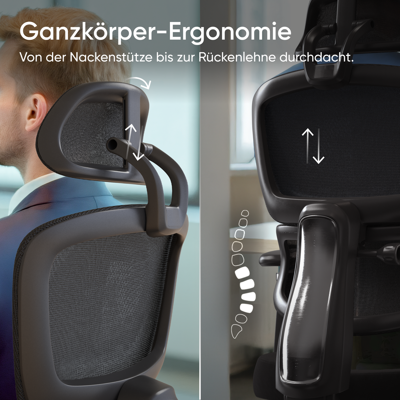 DESKSPACE Move Pro ergonomischer Bürostuhl mit intelligenter Lordosenstütze und atmungsaktivem Netzgewebe