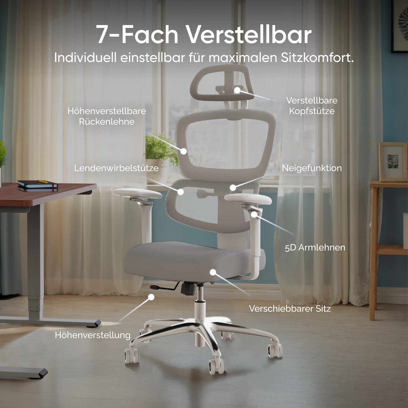 DESKSPACE Move Pro ergonomischer Bürostuhl mit intelligenter Lordosenstütze und atmungsaktivem Netzgewebe