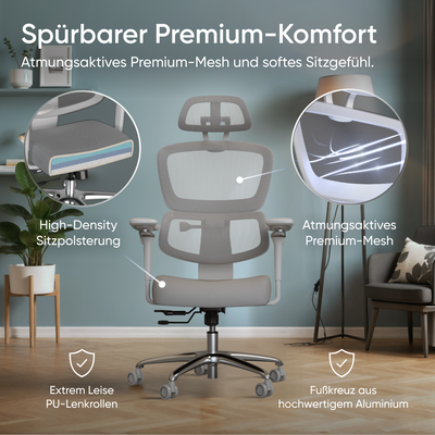 DESKSPACE Move Pro ergonomischer Bürostuhl mit intelligenter Lordosenstütze und atmungsaktivem Netzgewebe