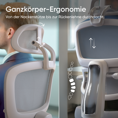 DESKSPACE Move Pro ergonomischer Bürostuhl mit intelligenter Lordosenstütze und atmungsaktivem Netzgewebe