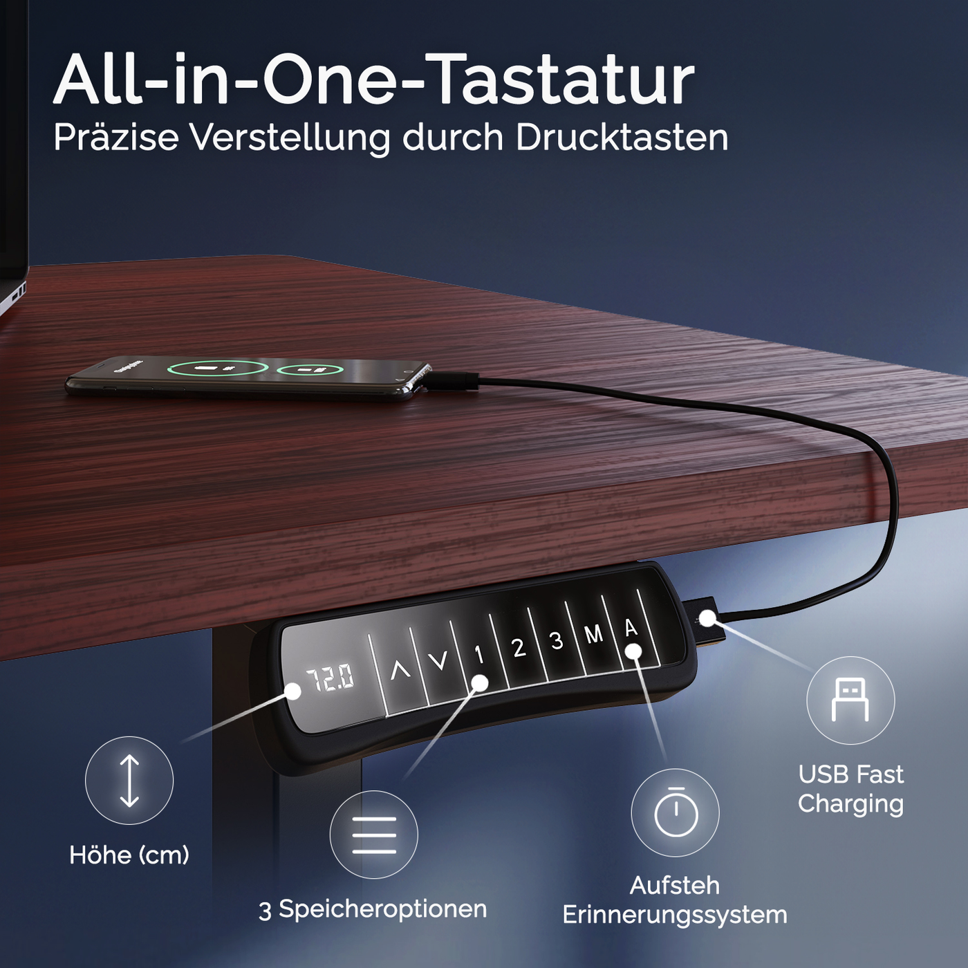 DESKSPACE Titan elektrisch höhenverstellbarer Schreibtisch mit 4 stabilen Beinen, Dual-Motor-Antrieb, 200 kg Tragkraft, Memory-Steuerung und modernem Design