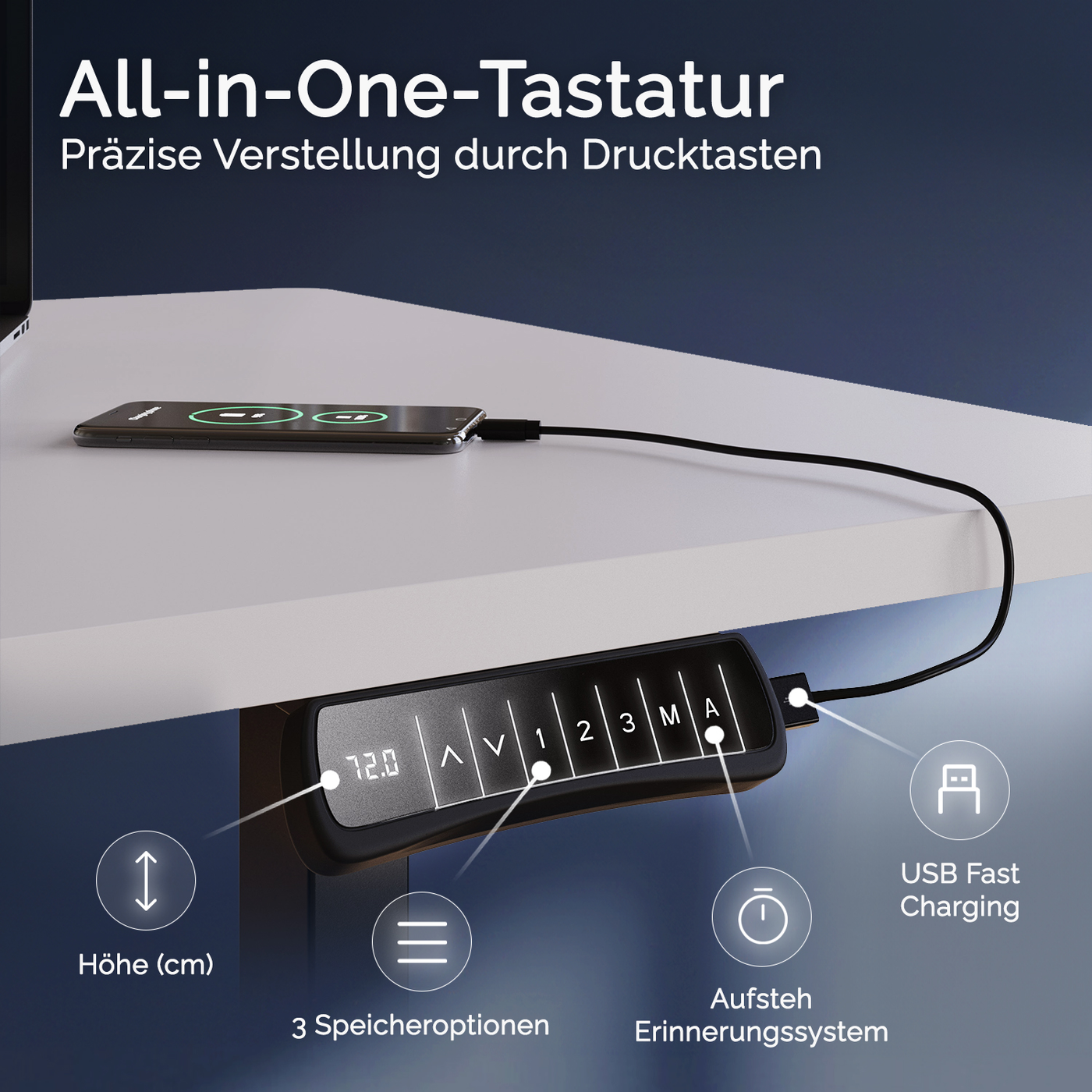 DESKSPACE Titan elektrisch höhenverstellbarer Schreibtisch mit 4 stabilen Beinen, Dual-Motor-Antrieb, 200 kg Tragkraft, Memory-Steuerung und modernem Design