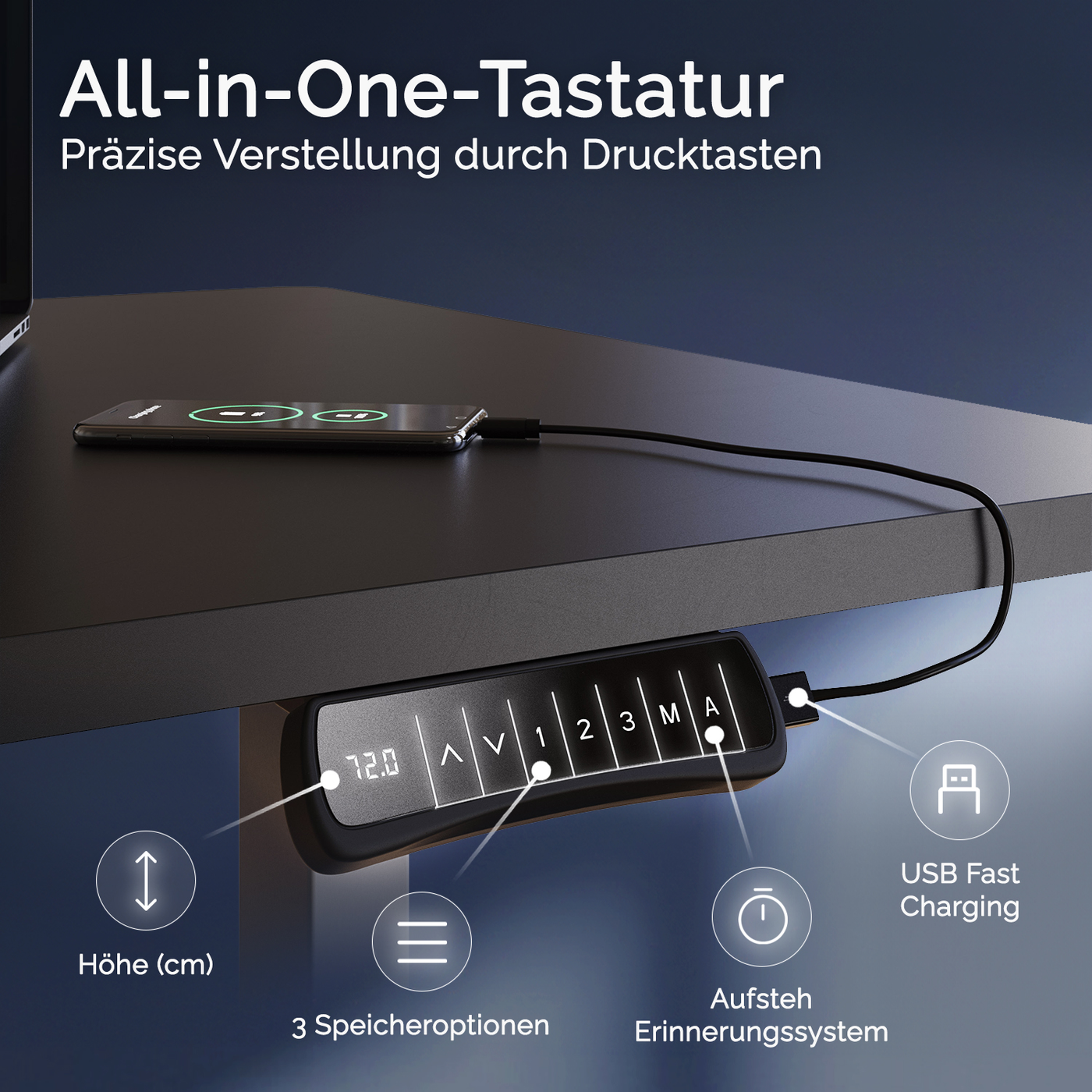 DESKSPACE Titan elektrisch höhenverstellbarer Schreibtisch mit 4 stabilen Beinen, Dual-Motor-Antrieb, 200 kg Tragkraft, Memory-Steuerung und modernem Design