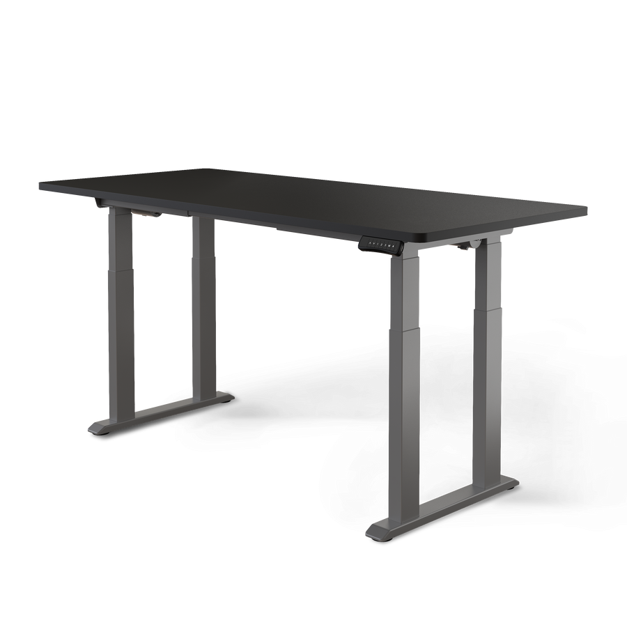 Elektrisch höhenverstellbarer Schreibtisch DESKSPACE TITAN mit Grauem Gestell und Schwarzer Tischplatte 180 × 80 cm in der Frontalansicht freigestellt vor weißem Hintergrund