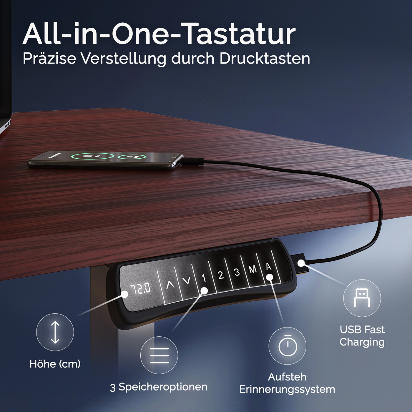 DESKSPACE Titan elektrisch höhenverstellbarer Schreibtisch mit 4 stabilen Beinen, Dual-Motor-Antrieb, 200 kg Tragkraft, Memory-Steuerung und modernem Design