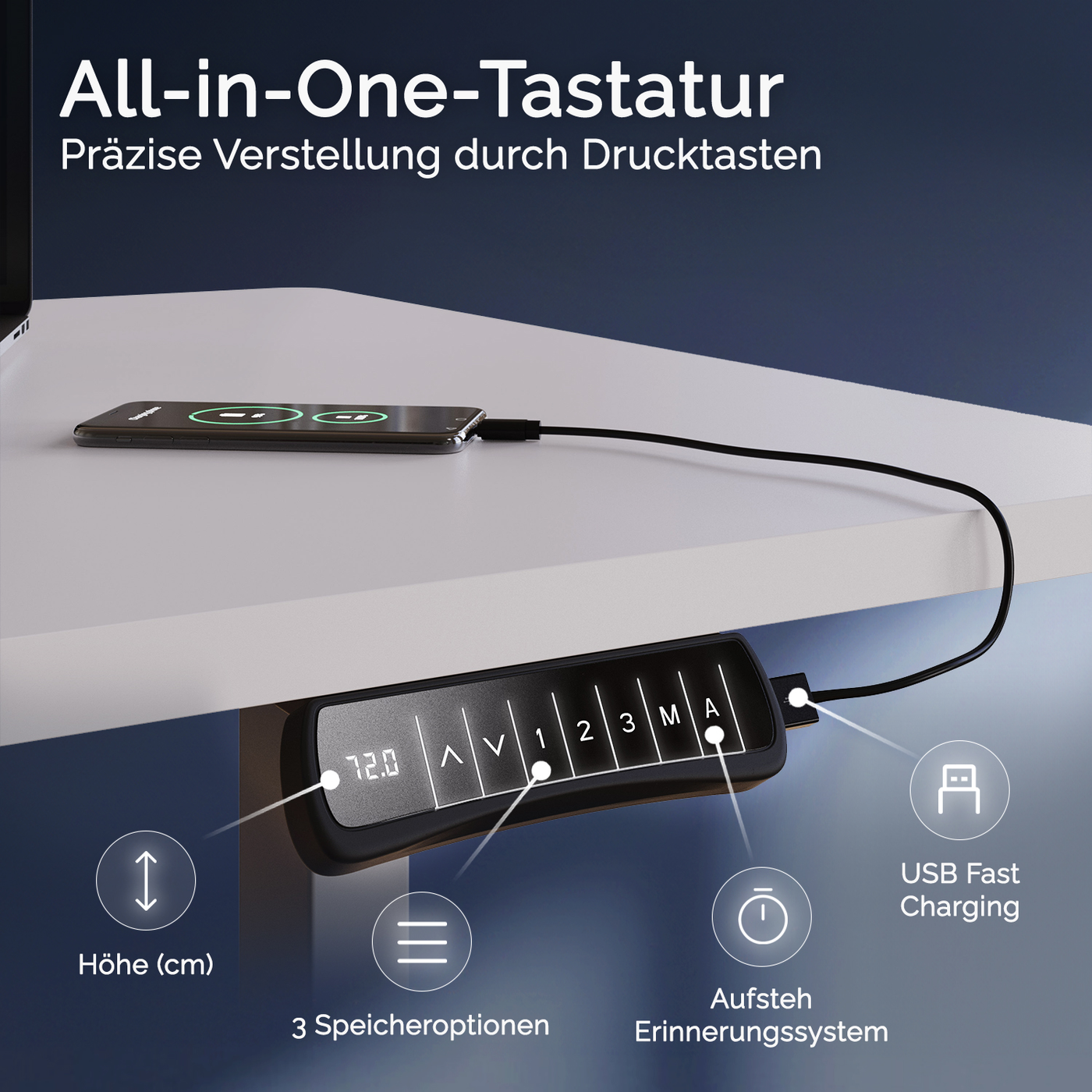 DESKSPACE Titan elektrisch höhenverstellbarer Schreibtisch mit 4 stabilen Beinen, Dual-Motor-Antrieb, 200 kg Tragkraft, Memory-Steuerung und modernem Design