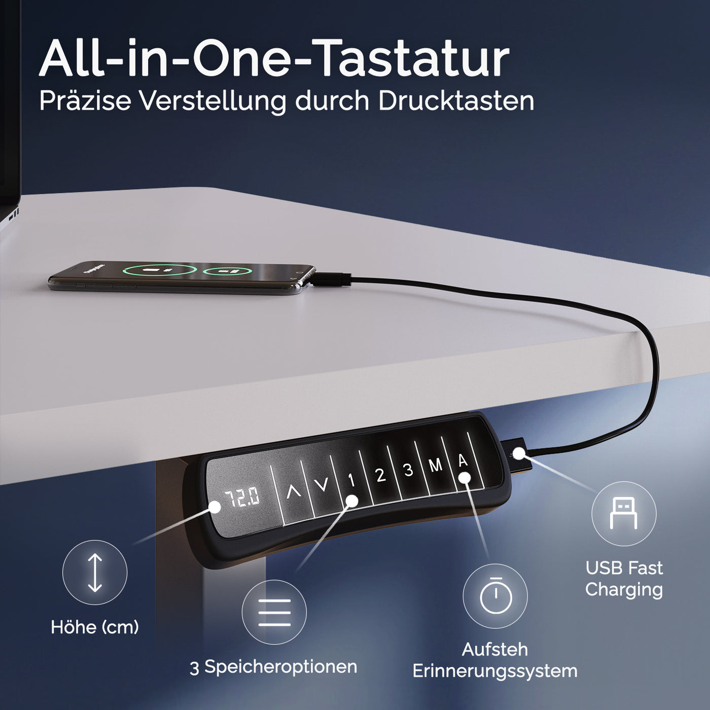 DESKSPACE Titan elektrisch höhenverstellbarer Schreibtisch mit 4 stabilen Beinen, Dual-Motor-Antrieb, 200 kg Tragkraft, Memory-Steuerung und modernem Design