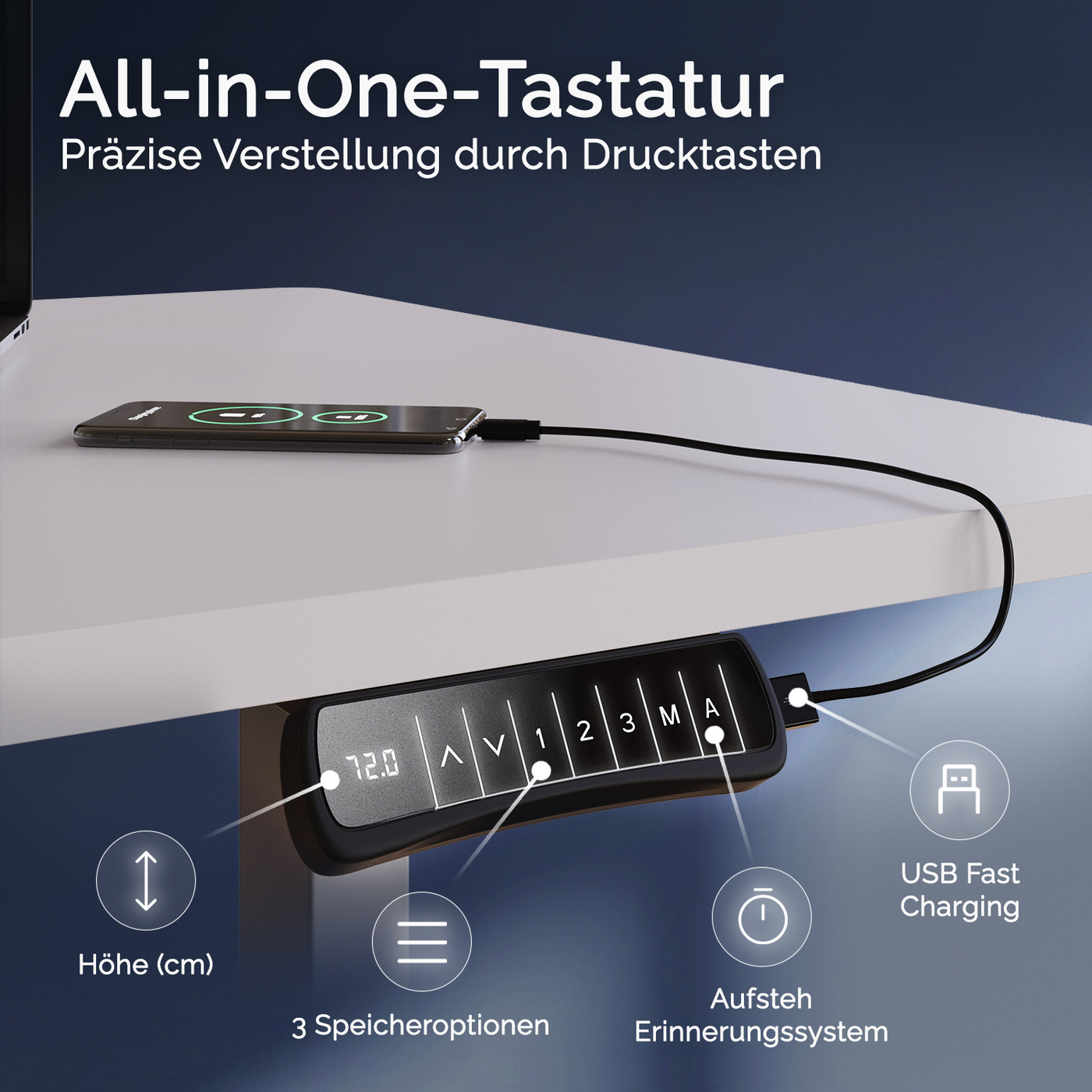 DESKSPACE Titan elektrisch höhenverstellbarer Schreibtisch mit 4 stabilen Beinen, Dual-Motor-Antrieb, 200 kg Tragkraft, Memory-Steuerung und modernem Design