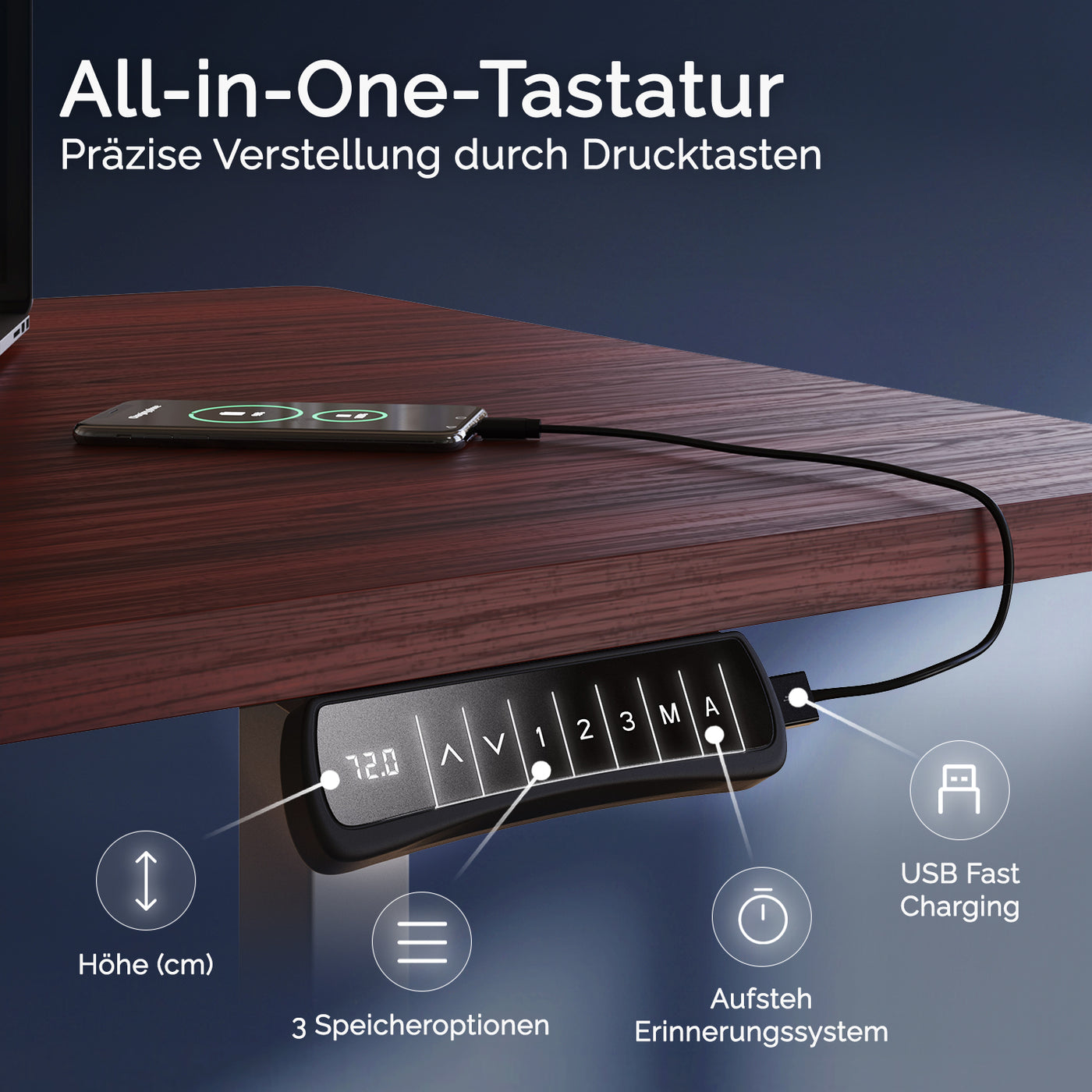 DESKSPACE Titan elektrisch höhenverstellbarer Schreibtisch mit 4 stabilen Beinen, Dual-Motor-Antrieb, 200 kg Tragkraft, Memory-Steuerung und modernem Design