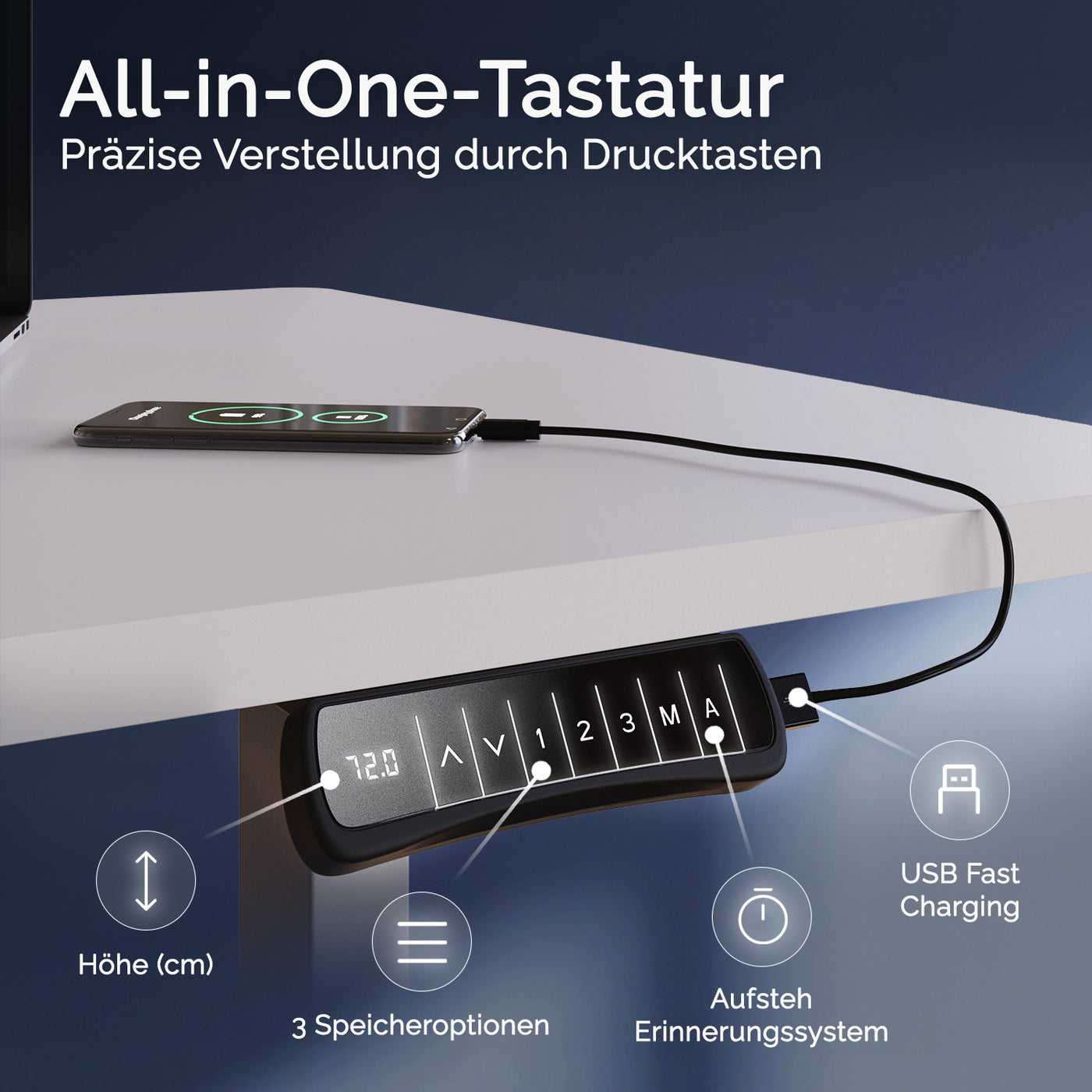 DESKSPACE Titan elektrisch höhenverstellbarer Schreibtisch mit 4 stabilen Beinen, Dual-Motor-Antrieb, 200 kg Tragkraft, Memory-Steuerung und modernem Design
