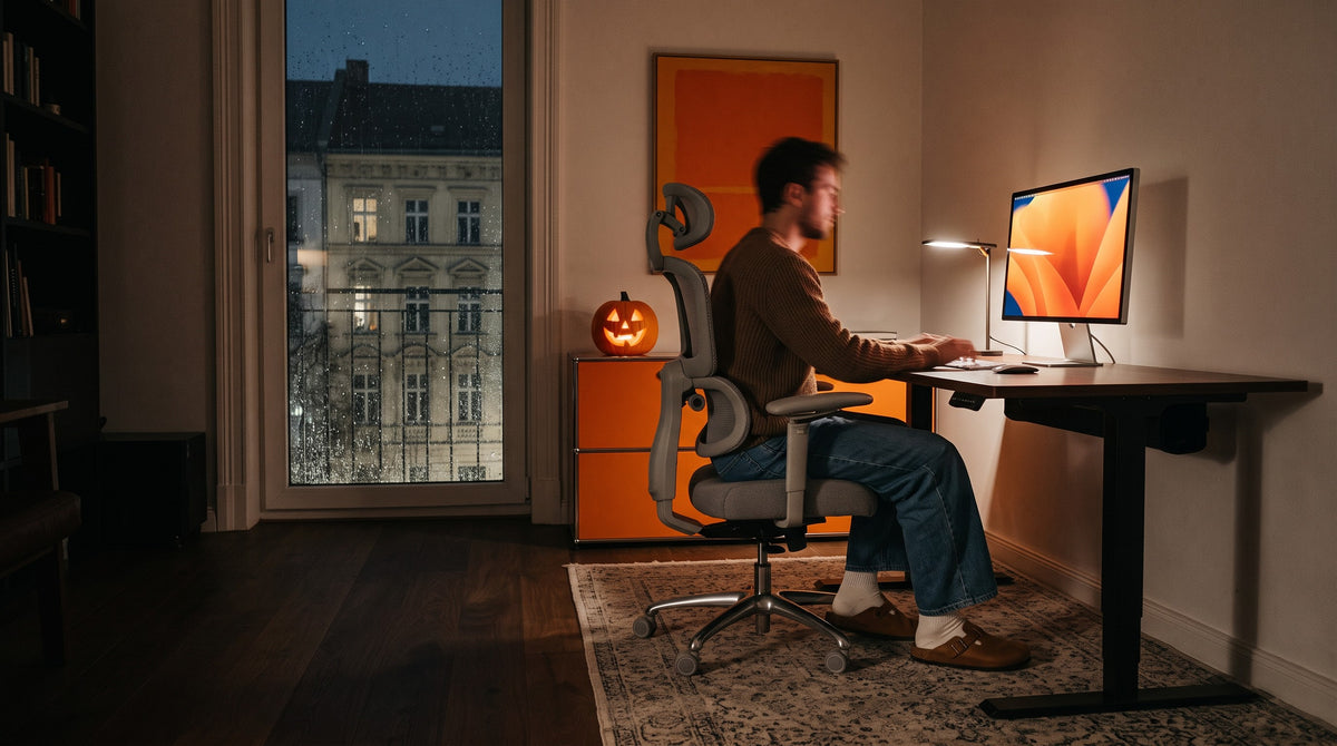 DESKSPACE höhenverstellbarer Schreibtisch und Bürostuhl im Halloween-Setting bei Nacht
