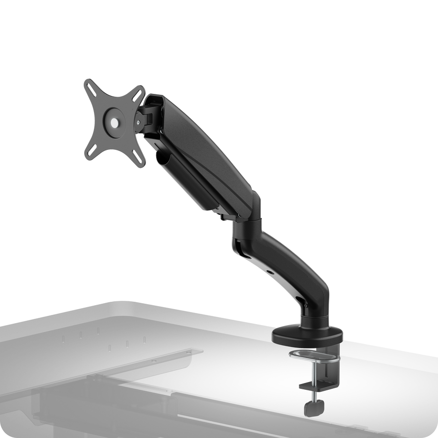 Ergonomische Monitorhalterung DESKSPACE MONITORARM in Schwarz mit Gasdruckfeder und VESA-Halterung, Hero-Aufnahme freigestellt vor dunklem Hintergrund