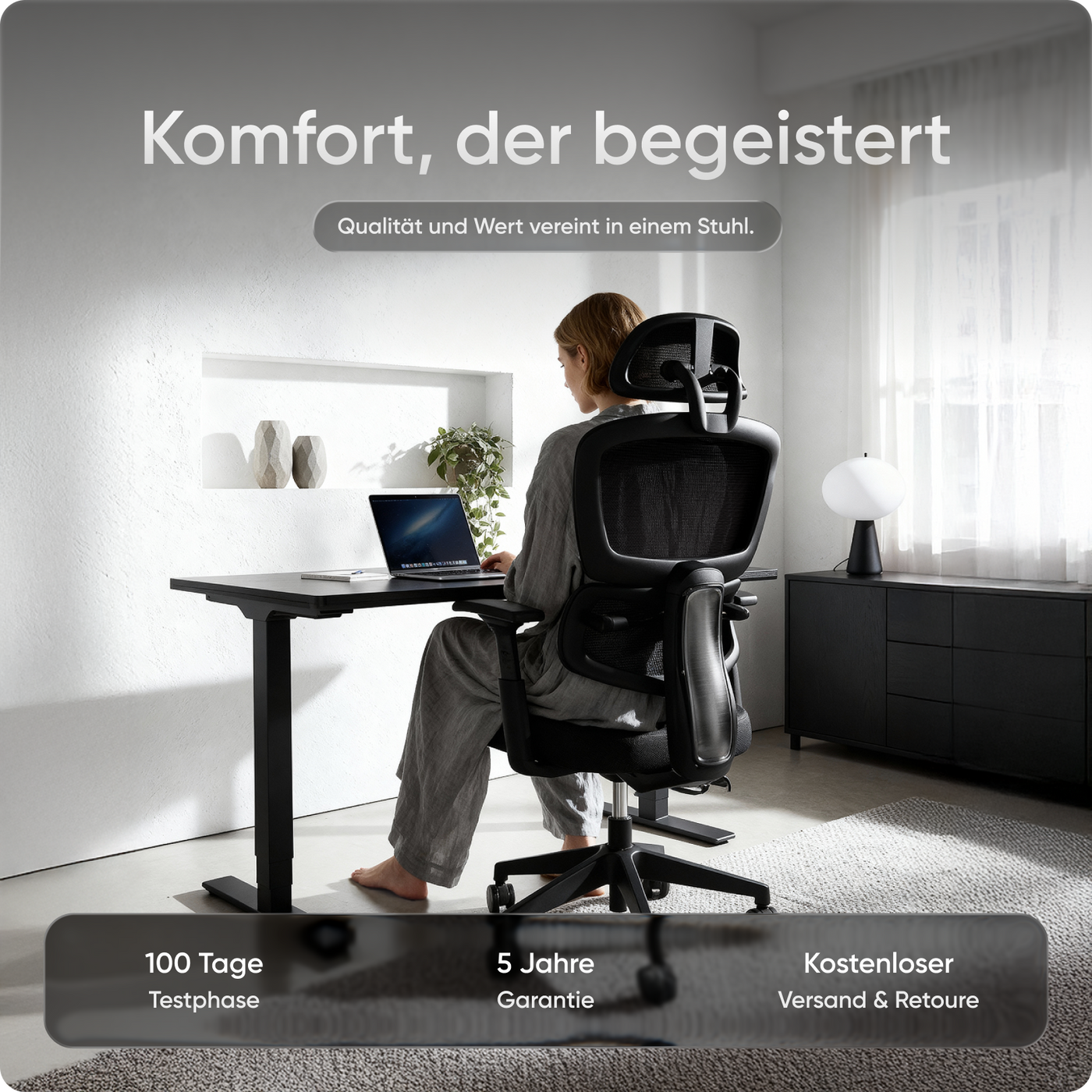 Ergonomischer Bürostuhl MOVE mit höhenverstellbarer Rückenlehne, flexibler Lordosenstütze und doppelt schwenkbarer Kopfstütze.