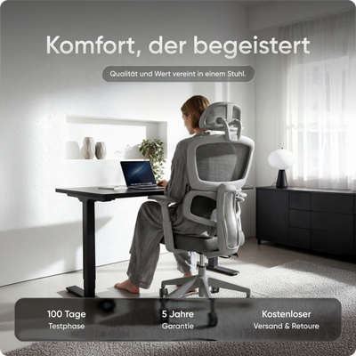 Ergonomischer Bürostuhl MOVE mit höhenverstellbarer Rückenlehne, flexibler Lordosenstütze und doppelt schwenkbarer Kopfstütze.