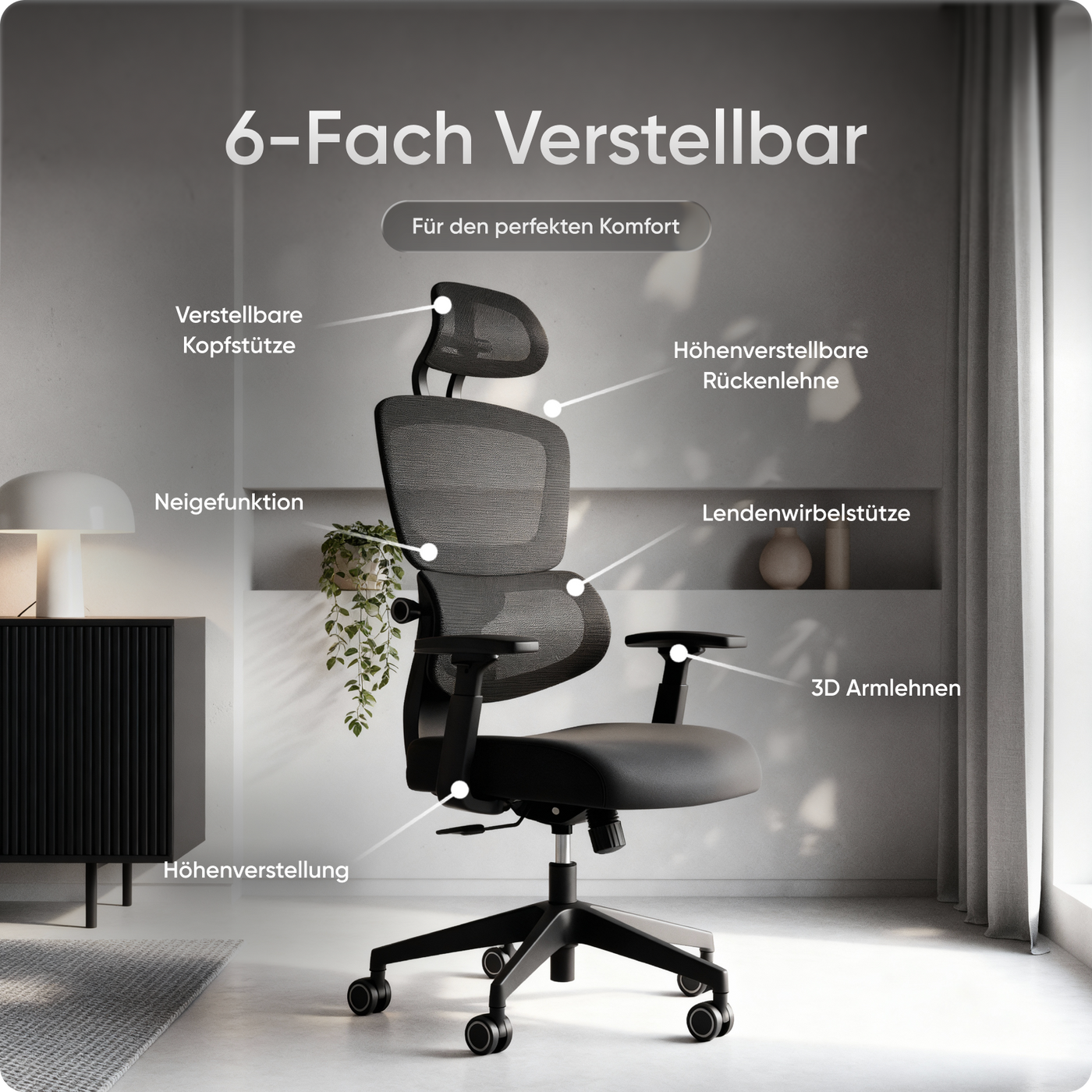 Ergonomischer Bürostuhl MOVE mit höhenverstellbarer Rückenlehne, flexibler Lordosenstütze und doppelt schwenkbarer Kopfstütze.