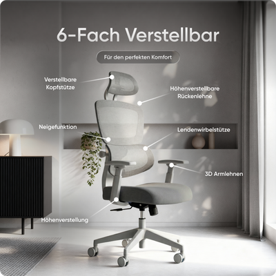 Ergonomischer Bürostuhl MOVE mit höhenverstellbarer Rückenlehne, flexibler Lordosenstütze und doppelt schwenkbarer Kopfstütze.