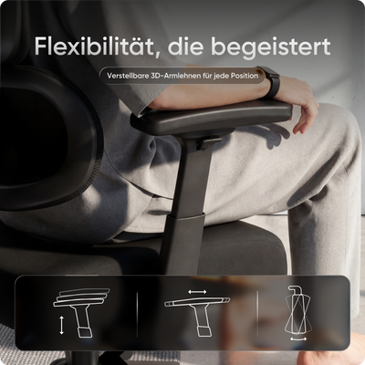 Ergonomischer Bürostuhl MOVE mit höhenverstellbarer Rückenlehne, flexibler Lordosenstütze und doppelt schwenkbarer Kopfstütze.