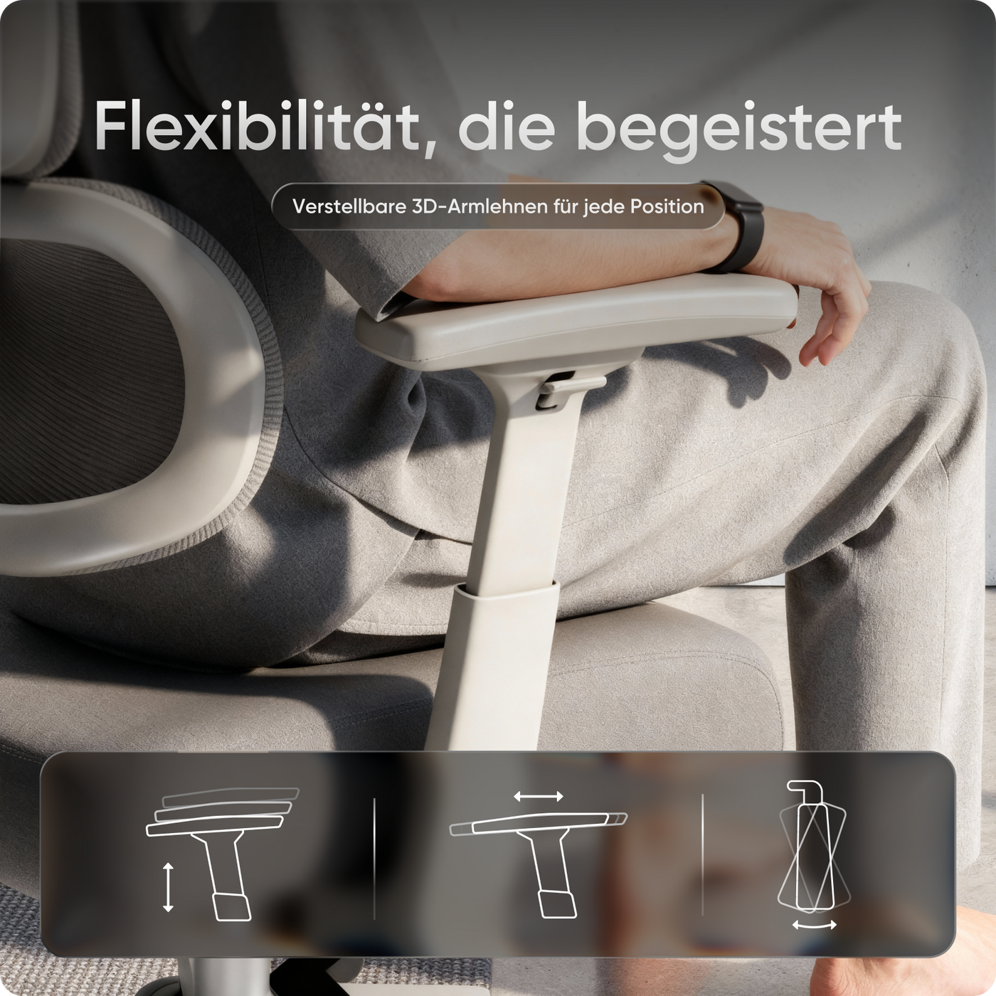 Ergonomischer Bürostuhl MOVE mit höhenverstellbarer Rückenlehne, flexibler Lordosenstütze und doppelt schwenkbarer Kopfstütze.