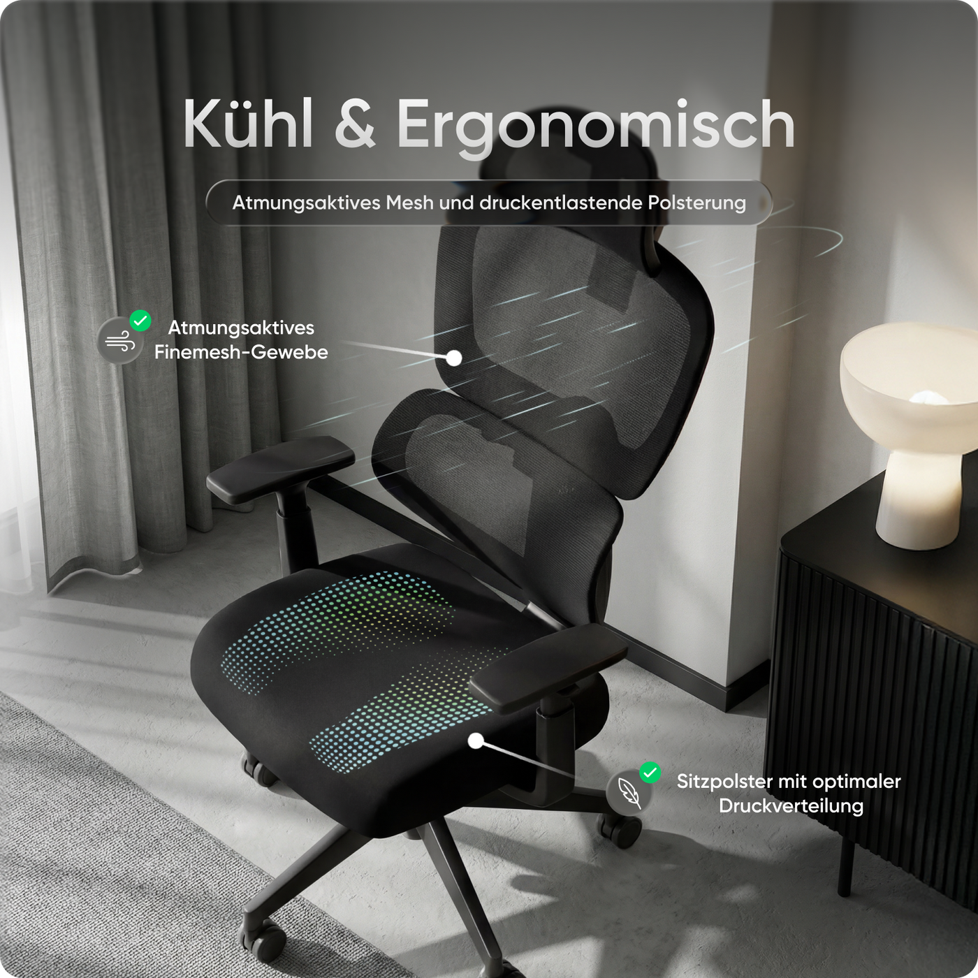 Ergonomischer Bürostuhl MOVE mit höhenverstellbarer Rückenlehne, flexibler Lordosenstütze und doppelt schwenkbarer Kopfstütze.