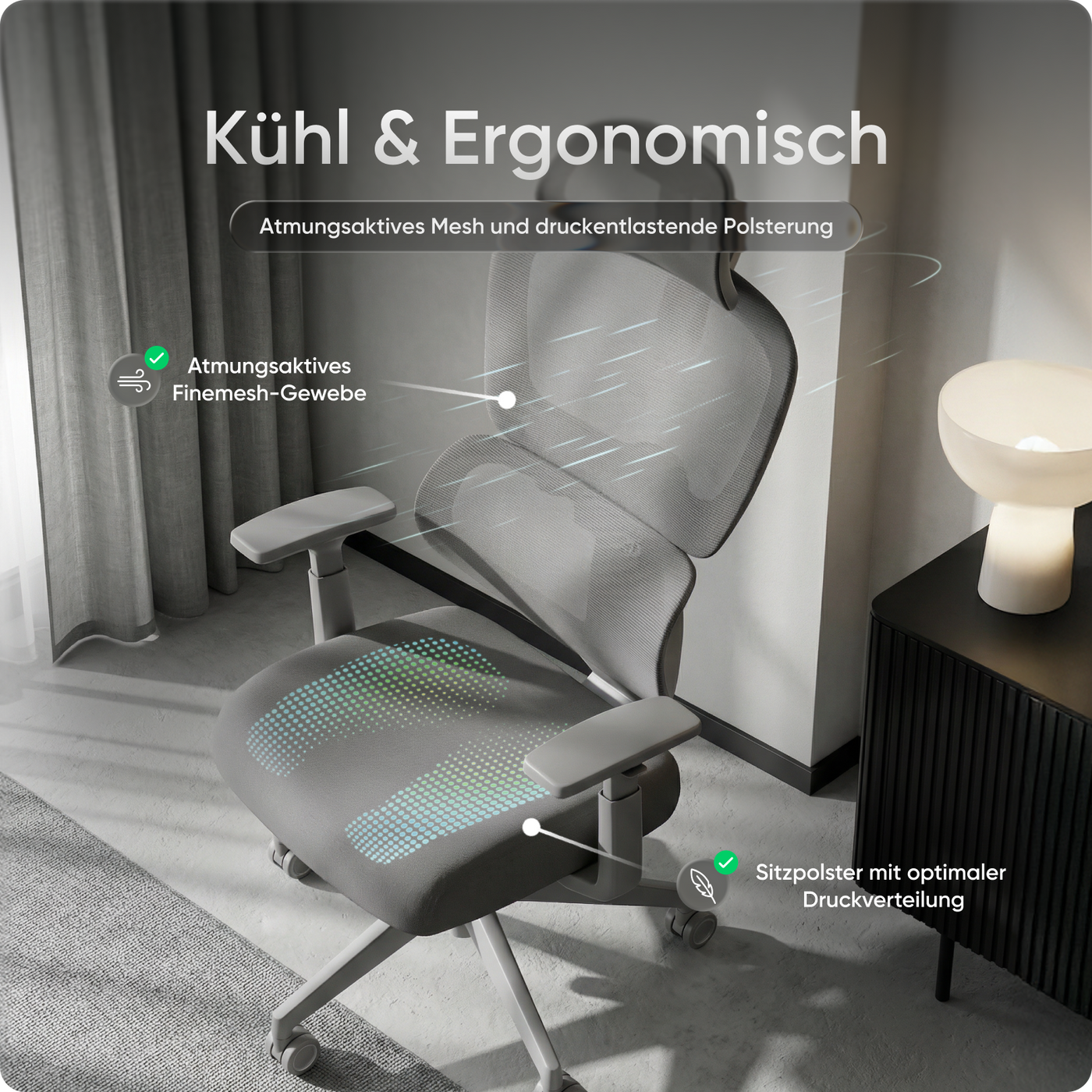 Ergonomischer Bürostuhl MOVE mit höhenverstellbarer Rückenlehne, flexibler Lordosenstütze und doppelt schwenkbarer Kopfstütze.