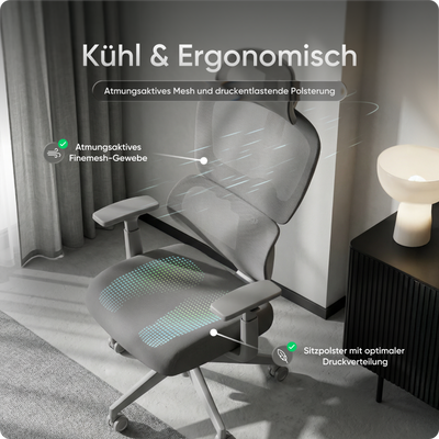 Ergonomischer Bürostuhl MOVE mit höhenverstellbarer Rückenlehne, flexibler Lordosenstütze und doppelt schwenkbarer Kopfstütze.