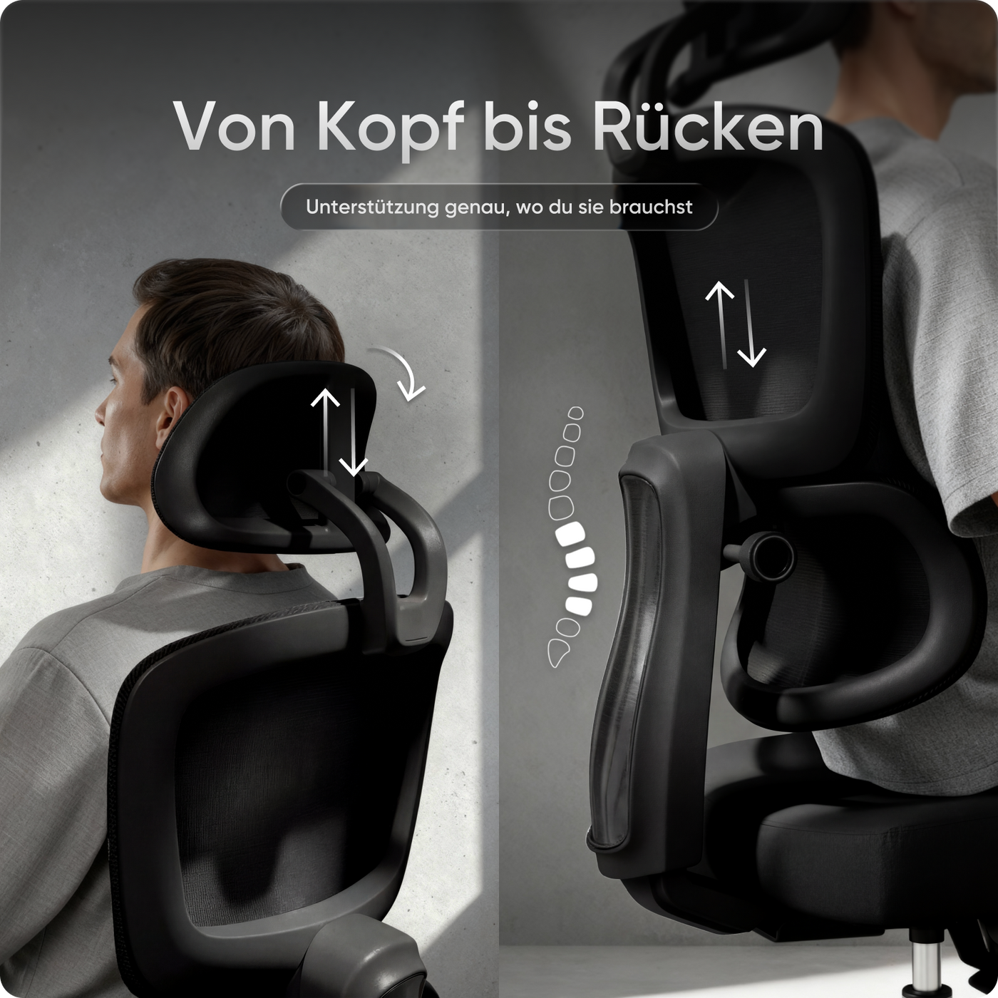 Ergonomischer Bürostuhl MOVE mit höhenverstellbarer Rückenlehne, flexibler Lordosenstütze und doppelt schwenkbarer Kopfstütze.