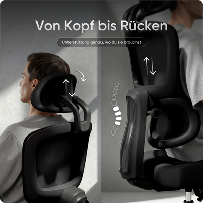 Ergonomischer Bürostuhl MOVE mit höhenverstellbarer Rückenlehne, flexibler Lordosenstütze und doppelt schwenkbarer Kopfstütze.