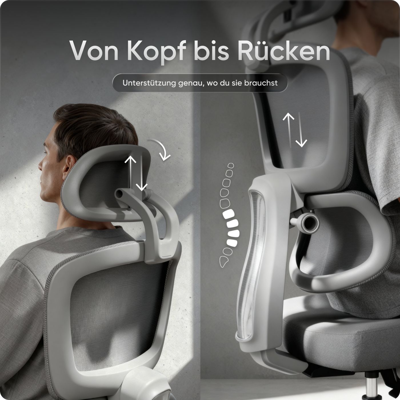 Ergonomischer Bürostuhl MOVE mit höhenverstellbarer Rückenlehne, flexibler Lordosenstütze und doppelt schwenkbarer Kopfstütze.