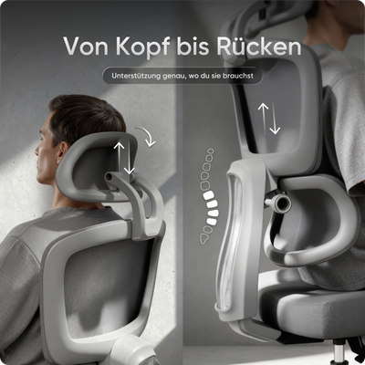 Ergonomischer Bürostuhl MOVE mit höhenverstellbarer Rückenlehne, flexibler Lordosenstütze und doppelt schwenkbarer Kopfstütze.