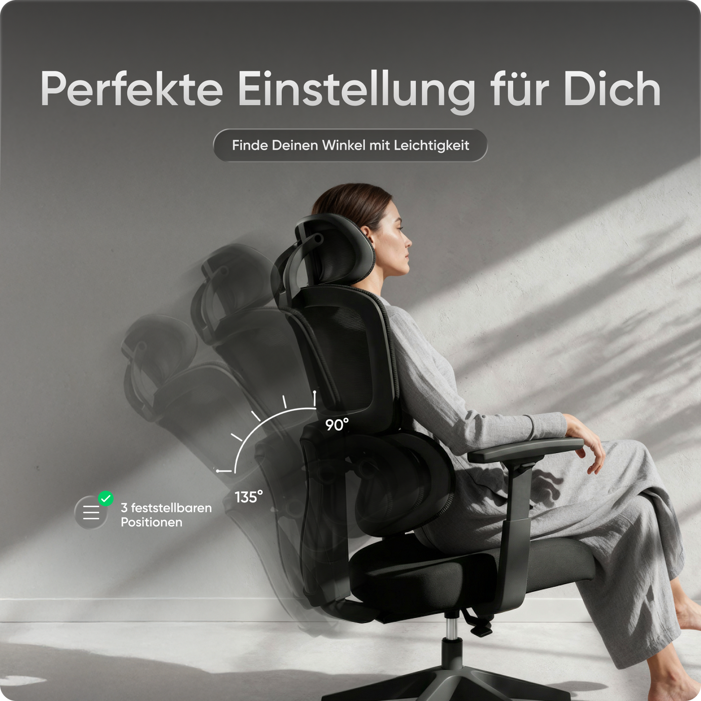 Ergonomischer Bürostuhl MOVE mit höhenverstellbarer Rückenlehne, flexibler Lordosenstütze und doppelt schwenkbarer Kopfstütze.