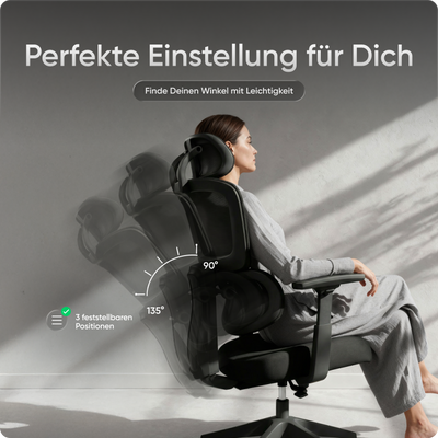 Ergonomischer Bürostuhl MOVE mit höhenverstellbarer Rückenlehne, flexibler Lordosenstütze und doppelt schwenkbarer Kopfstütze.