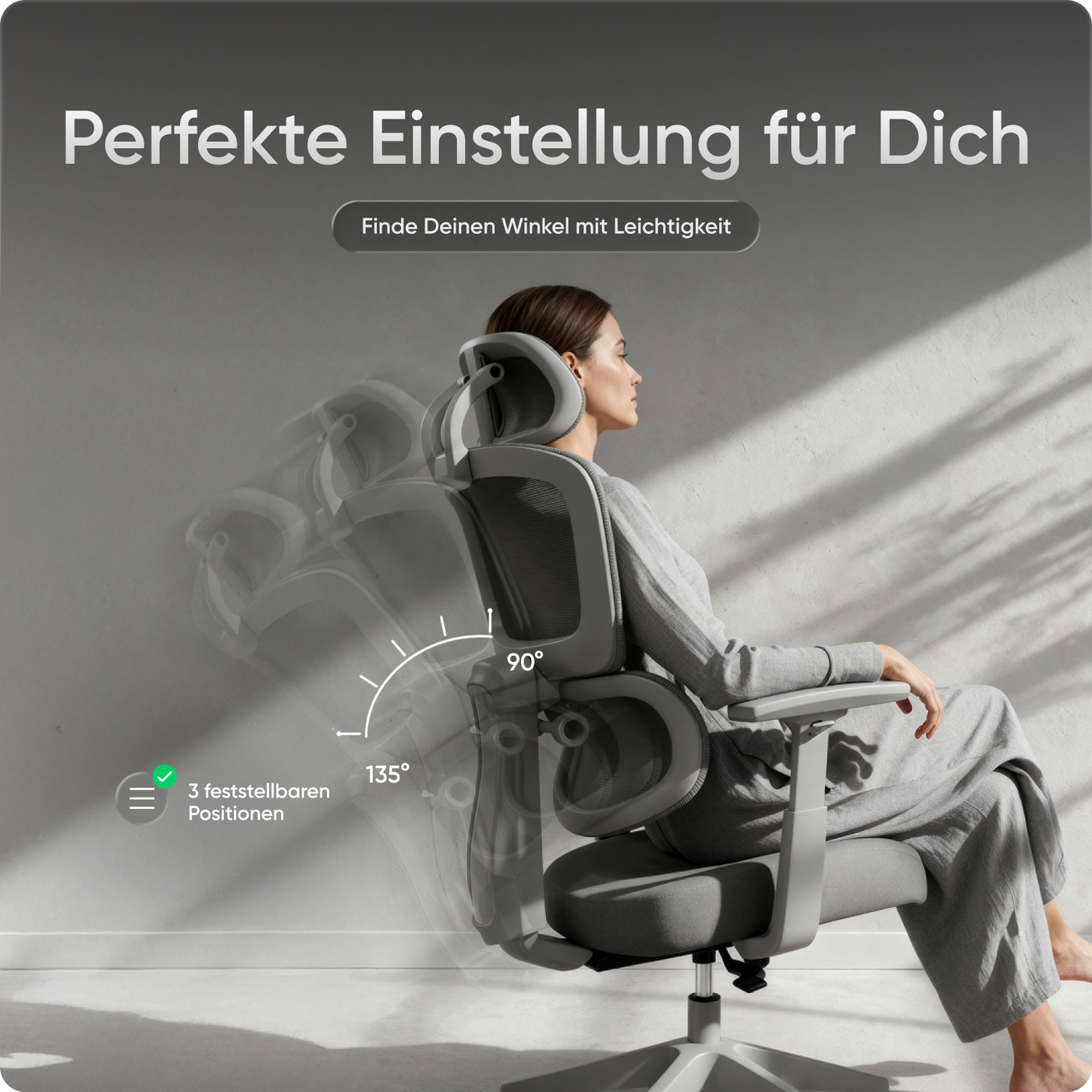 Ergonomischer Bürostuhl MOVE mit höhenverstellbarer Rückenlehne, flexibler Lordosenstütze und doppelt schwenkbarer Kopfstütze.