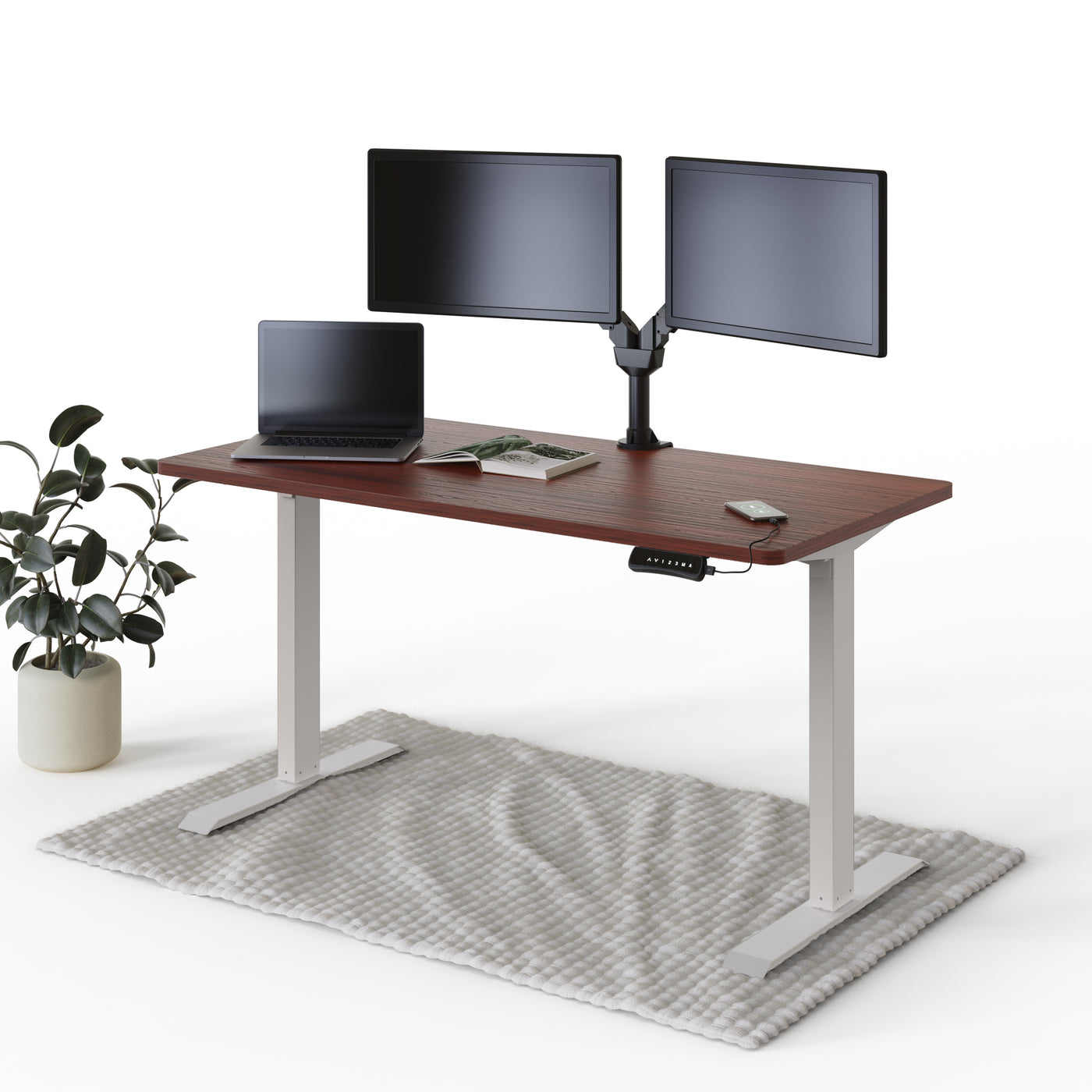 deskspace-pro-hohenverstellbarer-schreibtisch-mahagoni-tischplatte-weiß-gestell-140x70