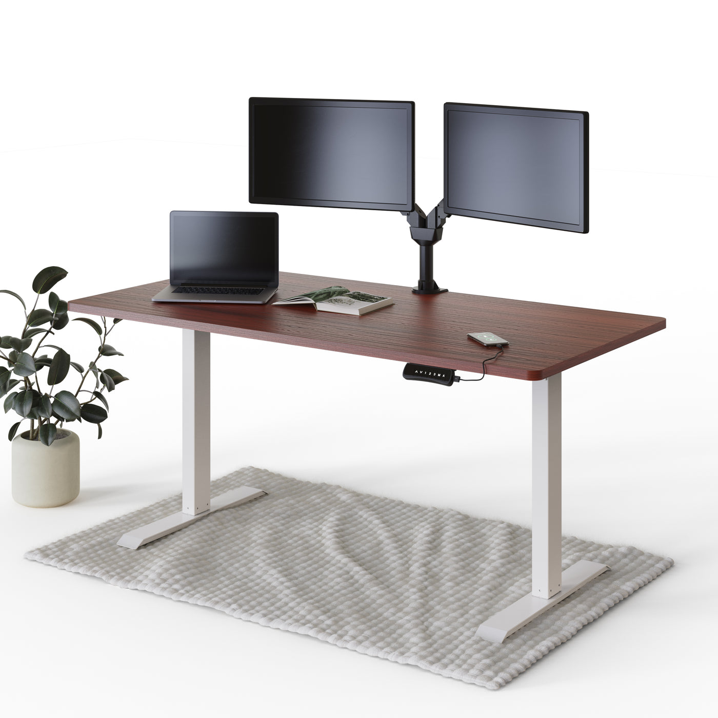 deskspace-pro-hohenverstellbarer-schreibtisch-mahagoni-tischplatte-weiß-gestell-160x80