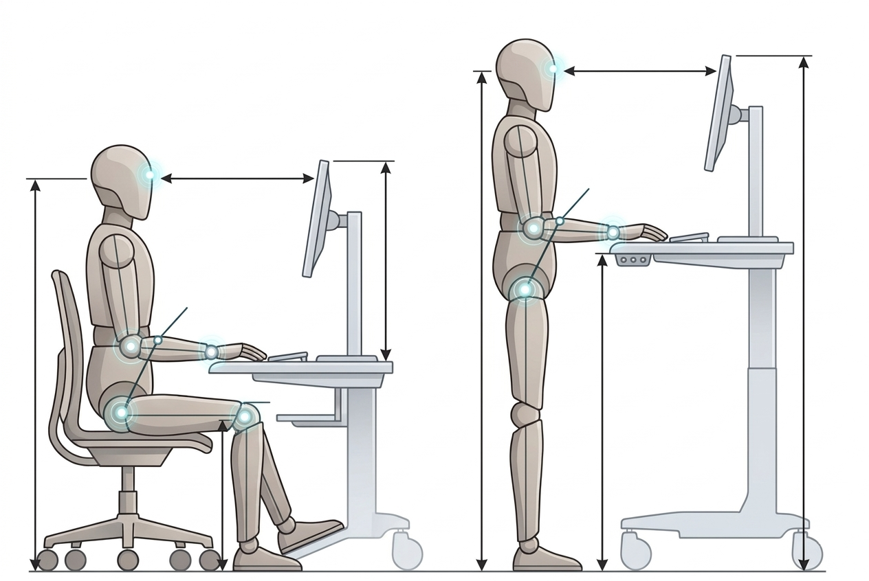 Ergonomische Empfehlung für sitzende und stehende Arbeit mit markierten Höhen und Abständen